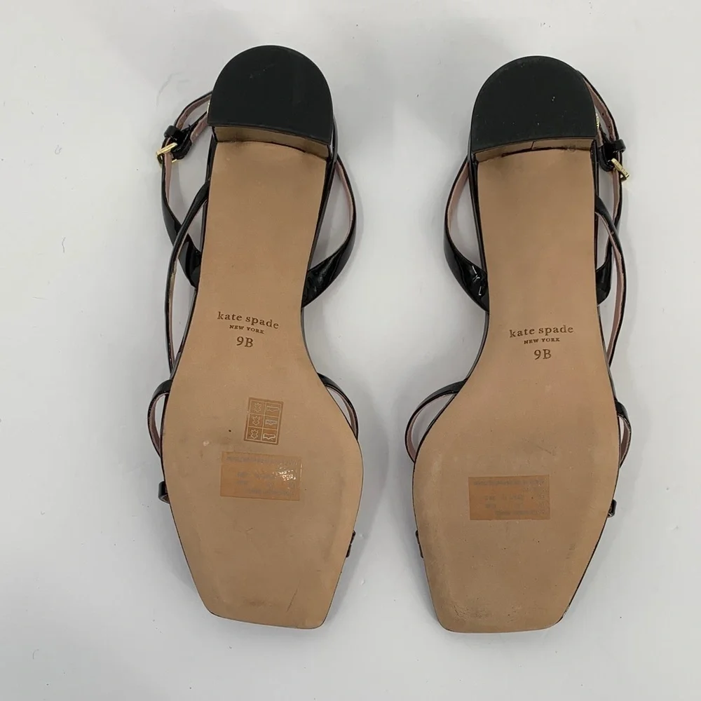 Kate Spade Renee strappy sandals block heel black patent slingback shoe square 9
